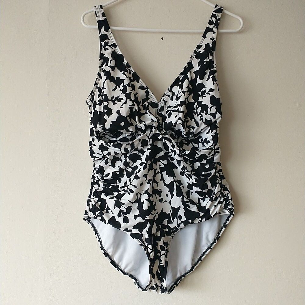 Lauren Ralph Lauren Swimsuit One Piece Womens 16W Black White Floral Pads Lined